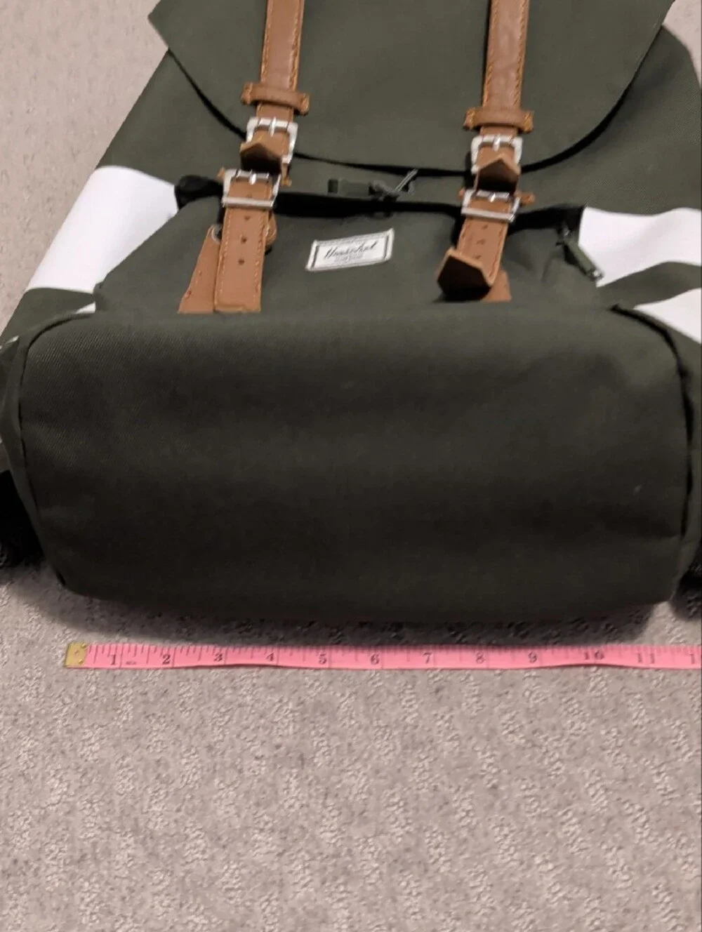 Herschel Supply Company Dark Green and White Striped Backpack with Brown Accents